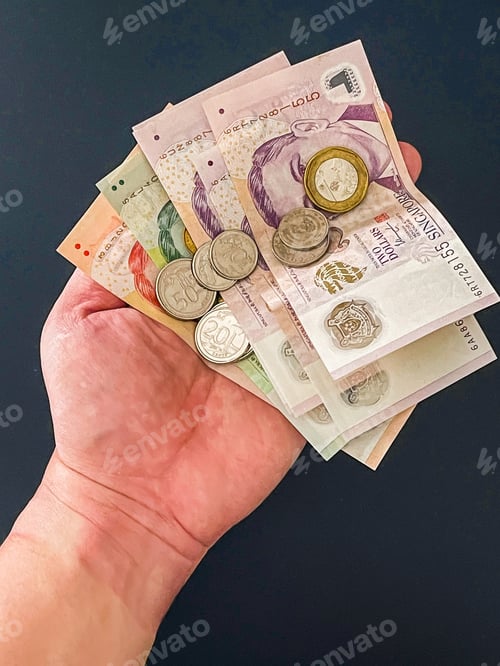 Preview: A hand holding some Singapore currencies/money.