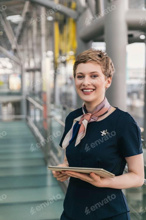 Preview: Portrait of smiling airline employee holding tablet at the airport