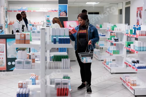 Preview: African american woman checking prescription heart supplements in drugstore