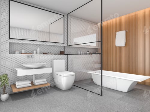 Preview: 3d rendering white hexagon tile bathroom with wood decor