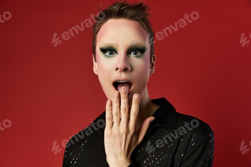 Preview: Vibrant Young Drag Artist Poses Boldly Against a Striking Red Background