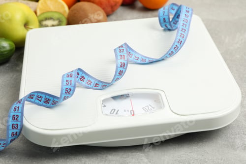 Preview: Scales, measuring tape and vegetarian food on gray background