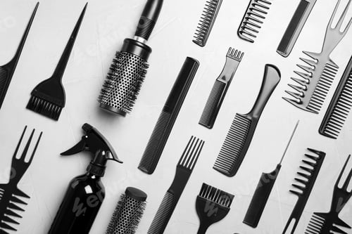 Preview: Flat lay composition with hair brushes and combs on light grey stone background