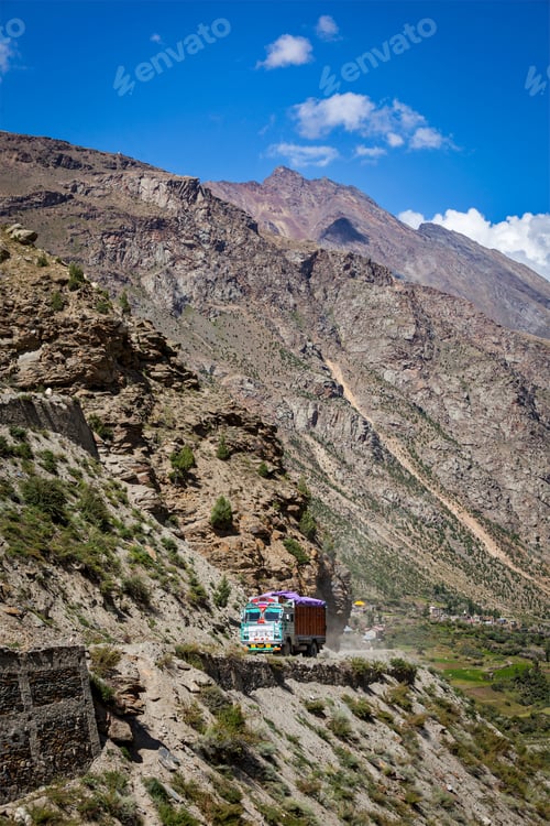 Preview: Manali-Leh road in Indian Himalayas with lorry. Himachal Pradesh