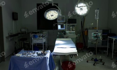 Preview: Illuminated surgical lights, medical equipment and monitor screens in dark operating theatre