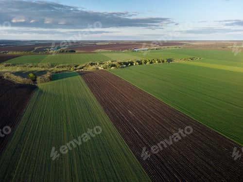 Preview: Aerial View of landscape with green agricultural fields, springtime.