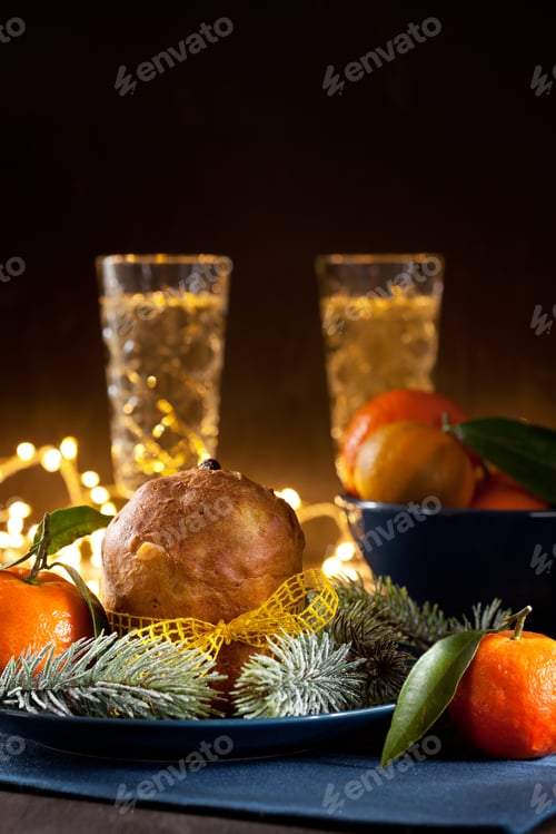 Preview: Winter holidays celebration with champagne and panettone traditional sweet italian dessert