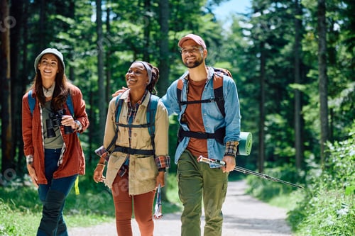 Preview: Multiracial group of happy backpackers enjoying in hiking in nature.