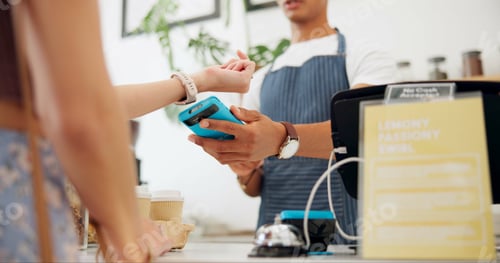 Preview: Person, coffee shop and pos machine for payment with watch for morning order with tap, future or cu