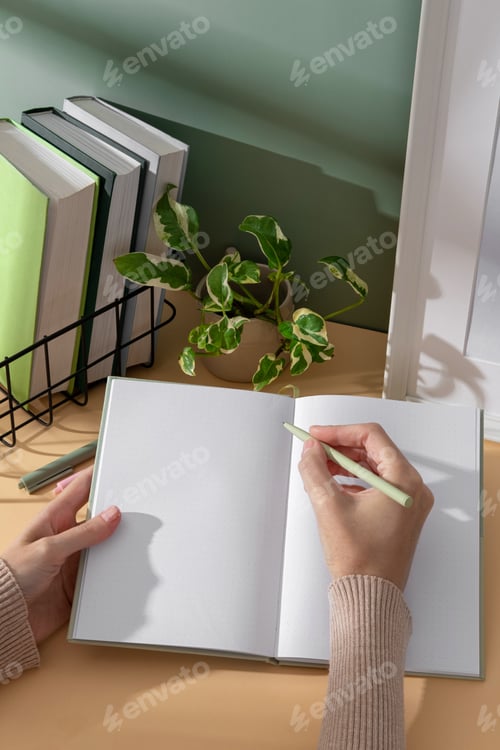 Preview: Elegant lightgreen notebook with stationery, sticky notes, perfect for notes, sketches