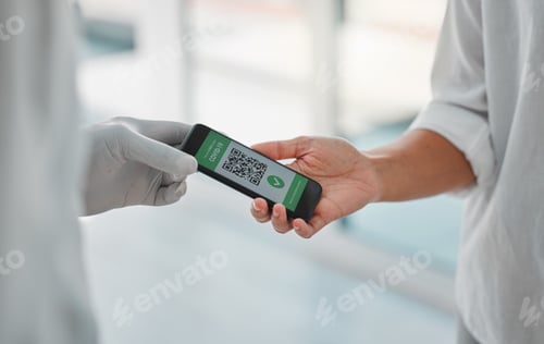 Preview: Covid vaccine passport, digital qr code certificate and travel pass on phone screen for health, vir