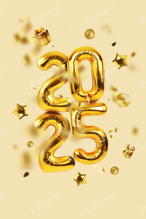 Preview: Premium golden balloons 2025 with confetti, gifts, pine cones and stars
