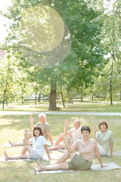 Preview: Senior people practicing yoga in park