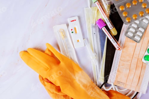 Preview: Medical supplies and testing equipment arranged on a table during a health check-up in a clinical