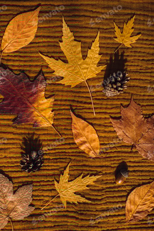 Preview: Autumn fall background with yellow and brown dry leaves and cones on brown earthy tones fabric