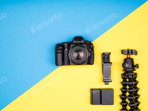 Preview: Flat lay top view of camera with accessories