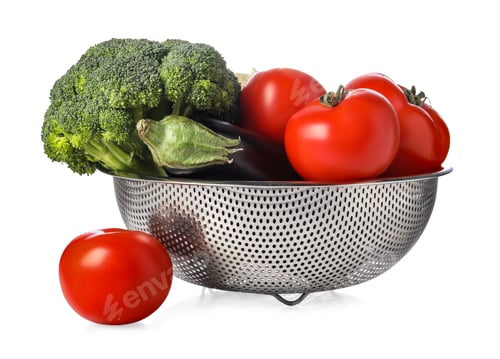 Preview: Colander with fresh vegetables isolated on white