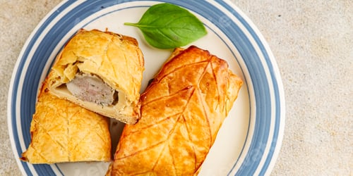 Preview: Meat pie quiche French snack fresh delicious gourmet food background on the table rustic food