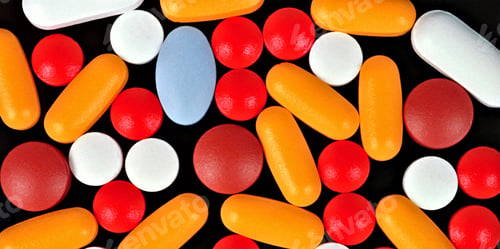 Preview: Variety of colorful pills on a black background
