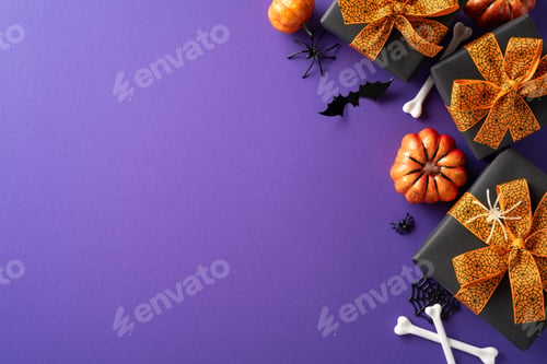 Preview: Halloween themed presents with orange ribbons and spooky decorations on a purple background