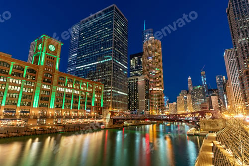 Preview: Scene of Chicago riverwalk cityscape at the twilight time, USA downtown skyline