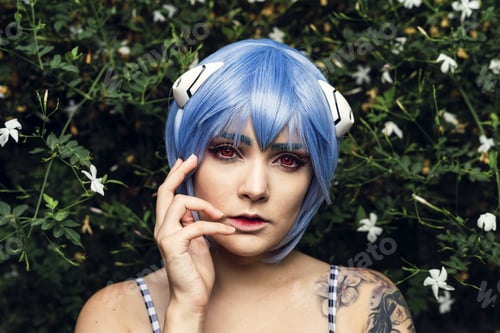 Preview: Portrait of a European female with blue hair on green grass background
