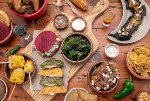 Preview: mixed colombian and venezuelan food meal spread on wooden restaurant table