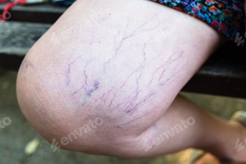 Preview: Detail of varicose veins on the leg of a seated woman.
