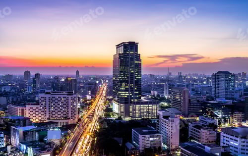 Preview: Bangkok cityscape at sunset.