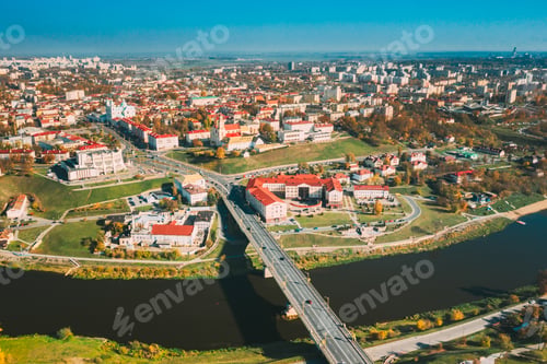 Preview: Grodno, Belarus. Aerial Bird's-eye View Of Hrodna Cityscape Skyline. Famous Popular Historic
