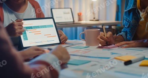 Preview: Close-up asia businesspeople meeting plan analysis statistics brainstorm.