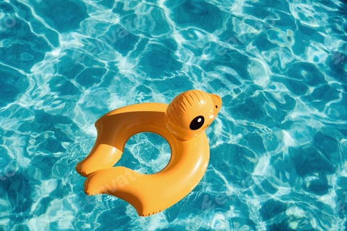 Preview: Top view of yellow duck toy for swimming in the pool at daytime