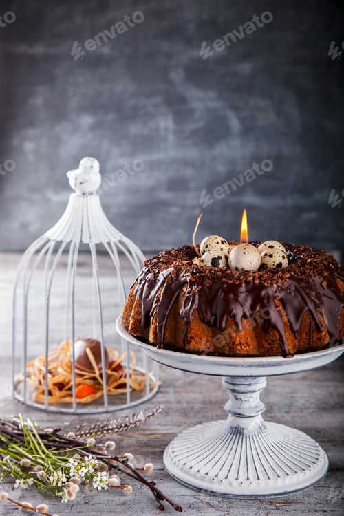 Festive Chocolate Cake with Birdcage and Floral Accents