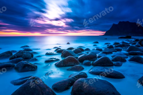 Preview: Norway, Lofoten, Utakleiv, beach at sunset