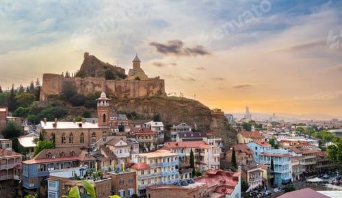 Preview: Old Tbilisi, Georgia with Narikala Fortress, Jumah Mosque and sulfur baths district at sunset