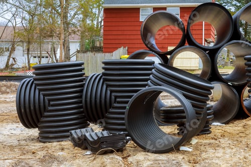 Preview: Plastic PVC pipes stacked in rows at a construction site on reconstruction of the city drain system