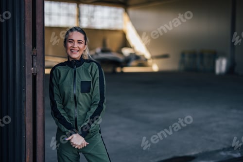 Preview: Smiling Woman in Flight Suit Poses Near Airplane
