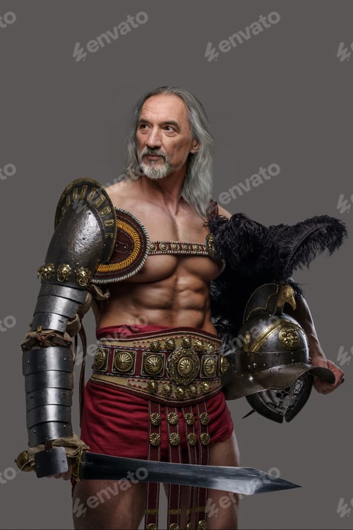 Preview: Aged but still mighty muscular gladiator with long grey hair and beard