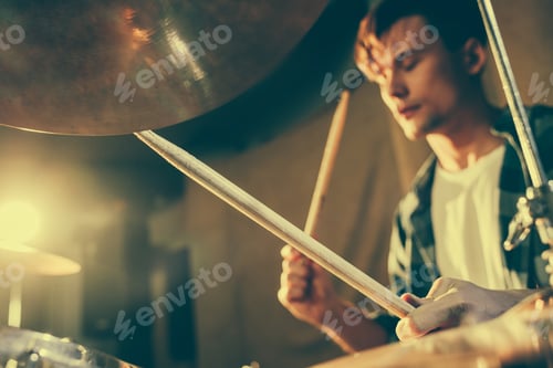 Preview: Drummer Playing Cymbals with Sticks in Rehearsal