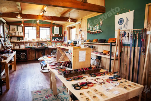 Preview: Interior view of a leather shop selling belts, bracelets and handbags.