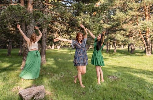 Preview: Group of three women raising arms and dancing in the forest