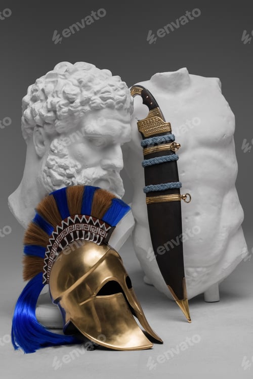 Preview: Greek marble sculpture with dagger and plumed helmet
