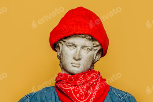 Preview: Antique statue of a young man in a red hipster hat and cowboy shirt