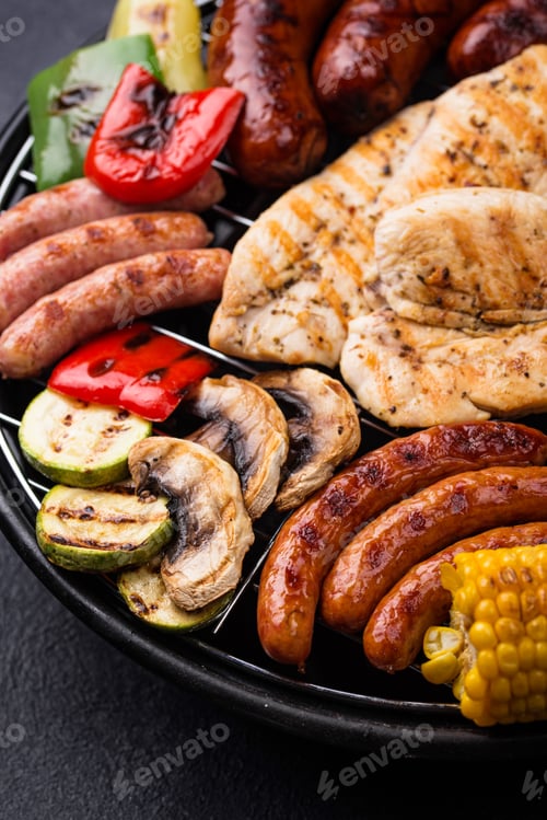 Preview: Grilled sausages, meat, and vegetables