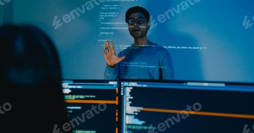 Preview: Group adult Asia male software developers mentor leader manager talk strategy plan to executive.