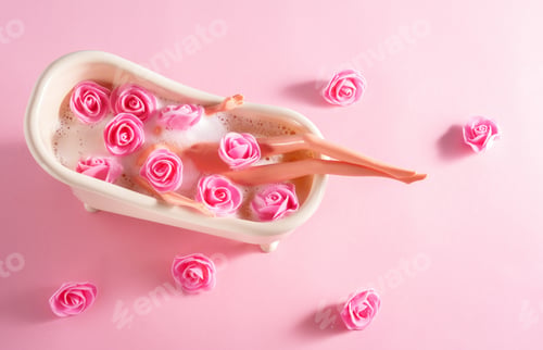 Preview: Top view doll in bath with soap foam and pink flowers on a pink background.