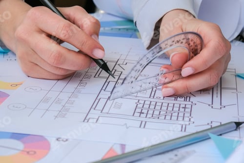 Preview: Hands use pencil with a protractor. Architectural Project drawings with tools. Architects workplace.