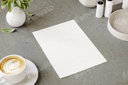 Preview: A4 sheet mock up for presentation and advertising on minimal table. 3D rendering