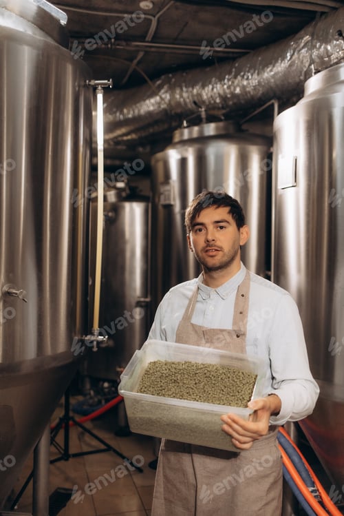 Preview: Man holding fresh green hops on blurred background, closeup.