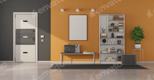 Preview: Gray and orange home entrance with white door and modern furnishings